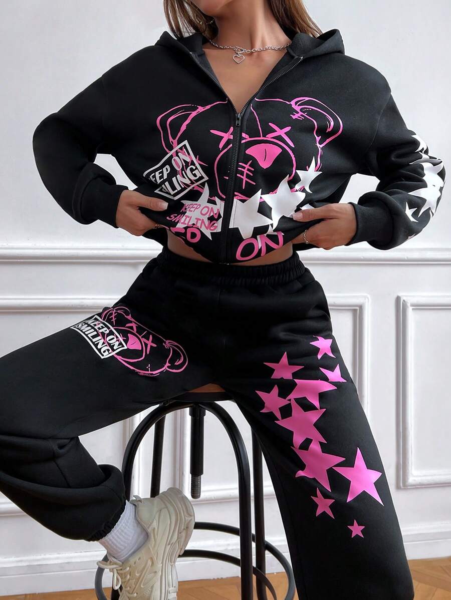 2pcs Women Bear & Star Print Hoodie Sweatshirt And Sweatpants Set, Autumn - Black - View 1