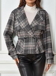SHEIN LUNE Chaqueta Corta De Lana A Cuadros De Doble Botonadura - Negro - Ver 1