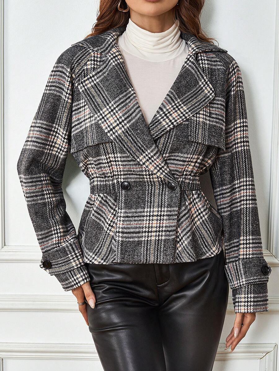 SHEIN LUNE Chaqueta Corta De Lana A Cuadros De Doble Botonadura - Negro - Ver 1