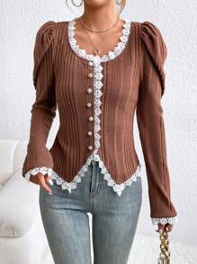SHEIN Privé Ladies' Lace Patchwork Puff Sleeve Jacket - Coffee Brown - View 7