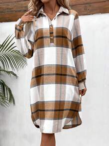 SHEIN LUNE Women's Long Sleeve Plaid Button Up Dress - Khaki - View 3