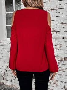 SHEIN LUNE 女士閃爍拼接露肩上衣 - 酒紅色 - 查看 2