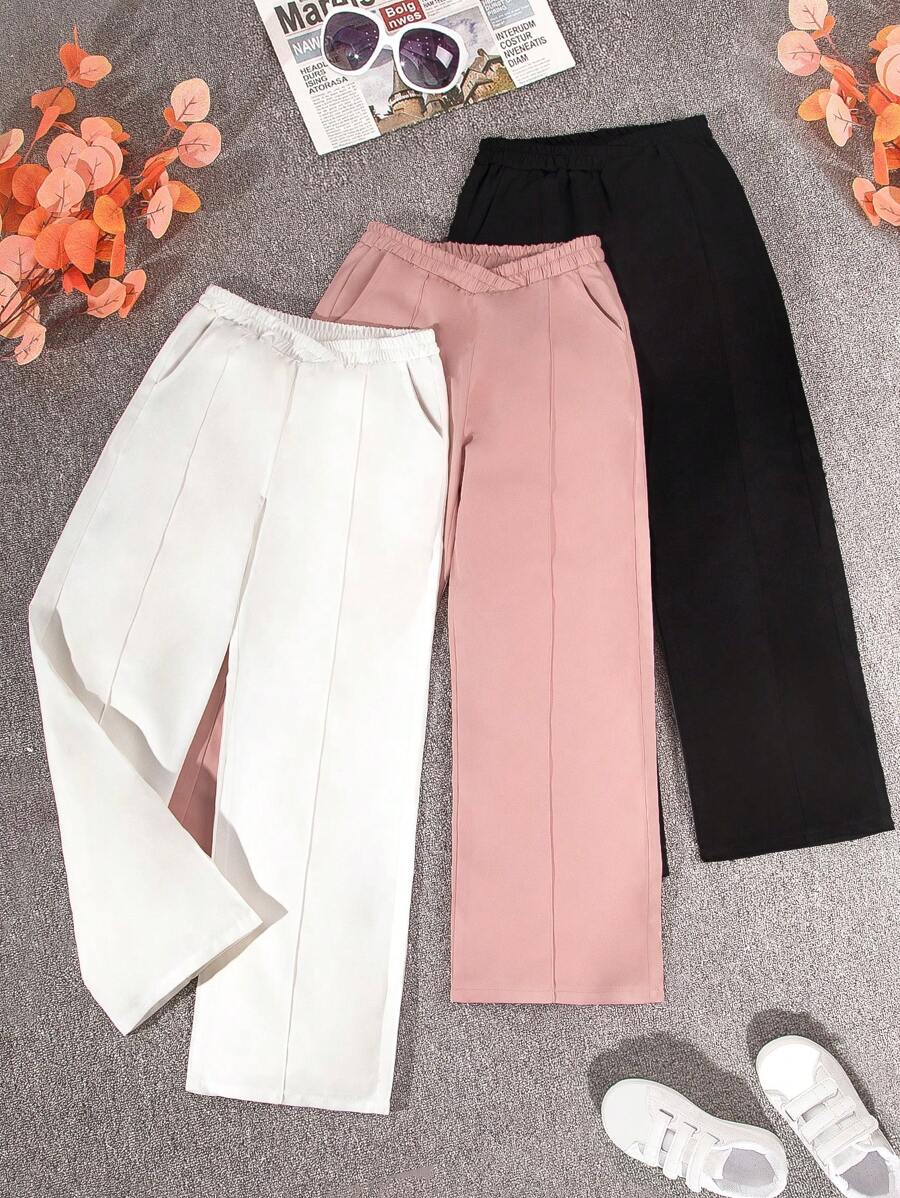 Teenage Girls' Woven V-Shaped Waistband Pants, Pack Of 3, School, Campus, College Chic Outfits For Autumn/Winter