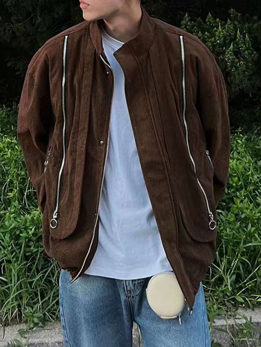 Claim Dot 男士鬆身灰絨夾克,多重拉鍊設計 - 棕色 - 查看 1