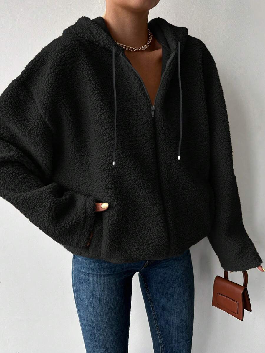 EURMUSE Women's Solid Color Hooded Drop Shoulder Jacket - Black - View 1
