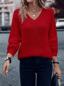 SHEIN LUNE V領落肩毛衣套頭 - 紅色 - 查看 6