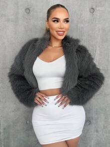 SHEIN Essnce 女士純色長毛絨外套 - 灰色 - 查看 3