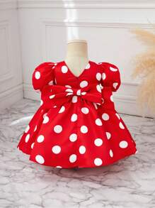SHEIN 女嬰休閒可愛波點泡泡短袖蝴蝶結連身裙 - 紅色 - 查看 2