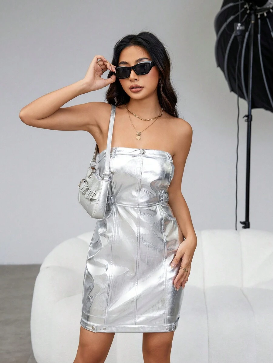 Aveloria Metallic Pu Strapless Dress - Silver - View 1