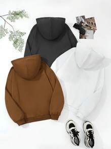 SHEIN Essnce Women's 3pcs Letter Printing Drawstring Hooded Sweatshirt - Multicolor - View 2