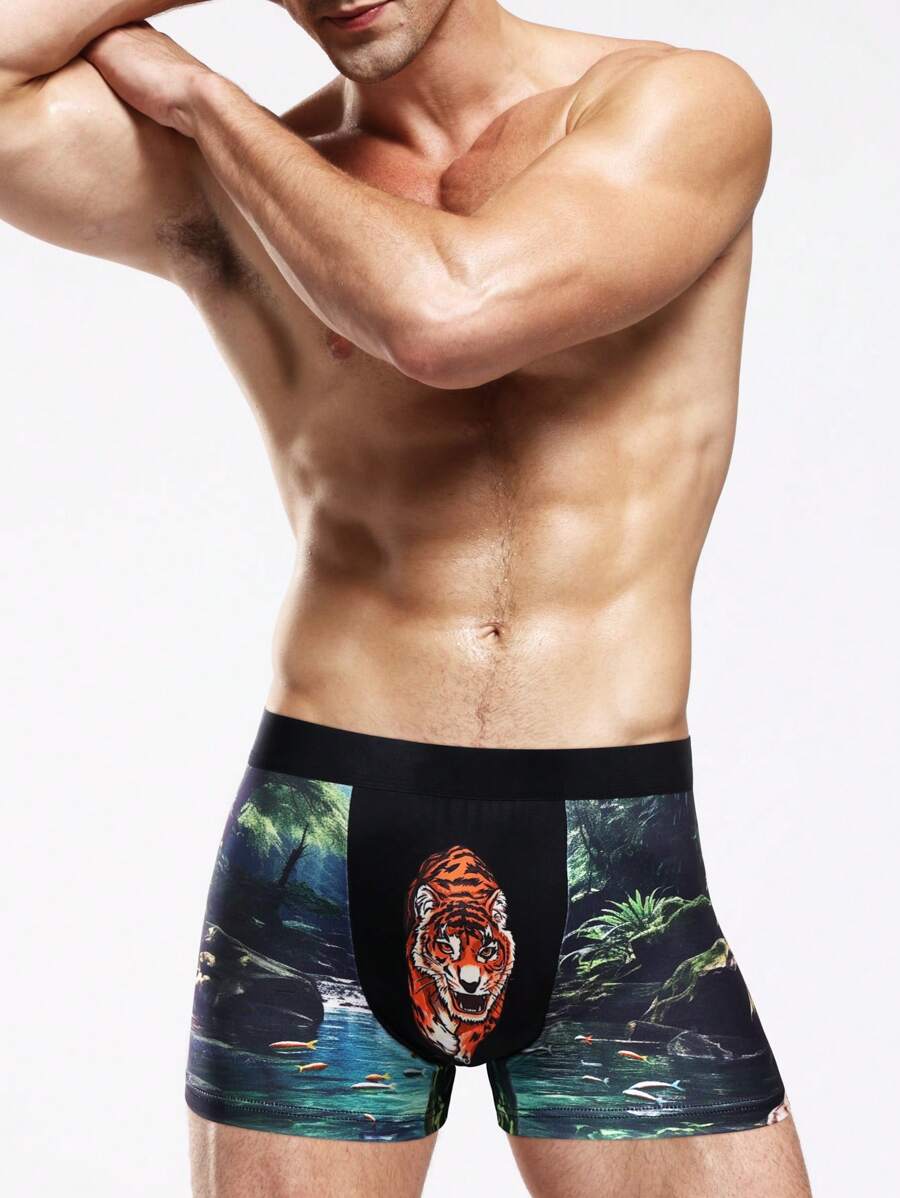 Men's Boxer Briefs With Tiger Landscape Print - Multicolor - View 1