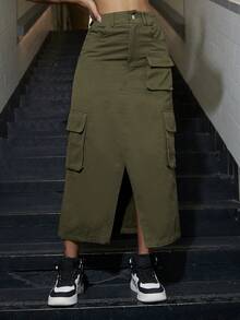 Street High Waist Flap Pocket Slit Hem Cargo Skirt Without Waist Belt - Army Green - View 4