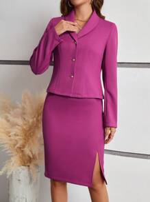 SHEIN Frenchy Ladies' Solid Color Single-Breasted Suit And Slit Hem Skirt Two Piece Set Christmas Elegant - Red Violet - View 1