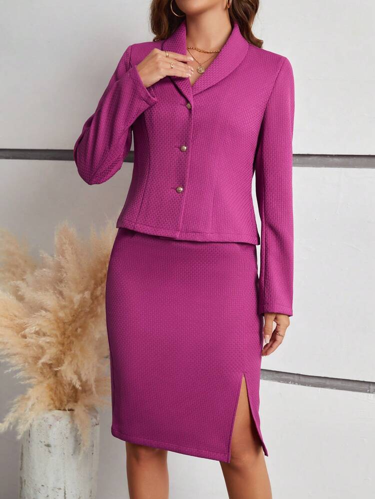 Ladies' Solid Color Single-Breasted Suit And Slit Hem Skirt Two Piece Set Christmas Elegant