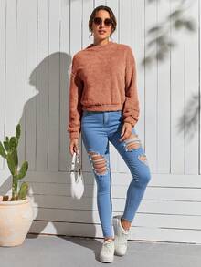 SHEIN LUNE Đứng cổ áo Tay áo dài Sang trọng Áo nỉ - trái cam - Xem 4