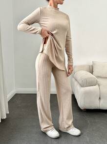 SHEIN Cottnline Mock Neck Split Hem Tee & Flare Leg Pants - Apricot - View 4