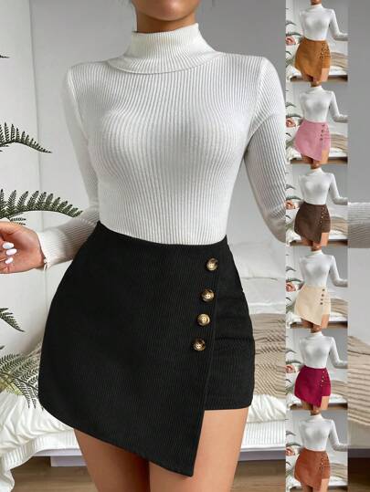 SHEIN Raffinéa Women's Textured Linen-Like Fabric Button Design Asymmetric Hem Skirt Pants