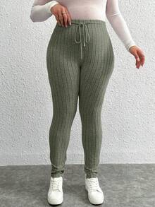 Calvaya Plus Size Skinny Ribbed Drawstring Waist Leggings - Army Green - View 4
