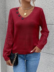 SHEIN Essnce Solid Color Sweater With Button Details - Red - View 6