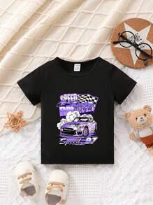 SHEIN Baby Boy Car Letter Printed Short Sleeve T-Shirt, Comfortable And Versatile For Daily Wear And Summer Vacation - Black - View 1