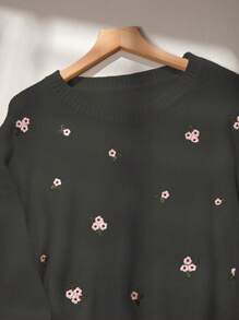 SHEIN Frenchy Của phụ nữ Thêu hoa Thả vai Áo len Áo chui đầu - màu đen - Xem 3