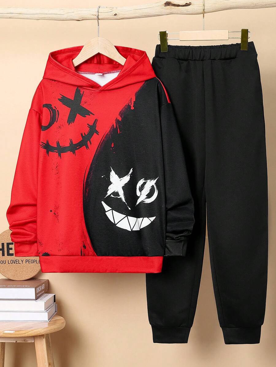 SHEIN Tween男童舒適鬆身連帽衫和運動長褲套裝,印花圖案 - 紅色 - 查看 1