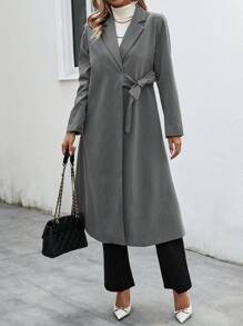 SHEIN LUNE Women's Wrap Front Peak Lapel-Neck Dress With Tie Waist Fall Cloth For Women - Grey - View 3