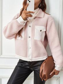SHEIN LUNE Chaqueta Delantera Con Botones Y Cuello De Solapa De Color En Contraste Para Mujer Con Bolsillos Con Solapa - Púrpura polvoriento - Ver 1