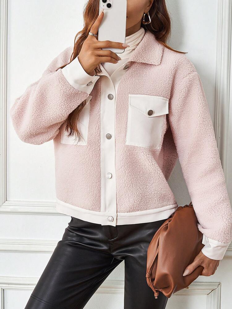 Women's Contrast Color Lapel Collar Button Front Jacket With Flap Pockets Fall Cloth For Women
