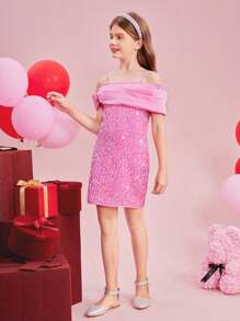 SHEIN Girls' Beaded Spaghetti Strap Elegant Dress, Sibling Outfits Matching Outfits (2 Pieces Are Sold Separately) - Pink - View 7
