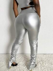 Slaydiva 女用金屬扭結開叉下擺長褲 - 銀色 - 查看 2