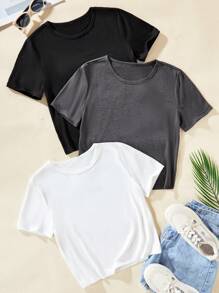 Áo thun ngắn tay dáng casual cho nữ tuổi teen, bộ 3 chiếc, cổ tròn, dễ phối đồ hàng ngày. - Nhiều màu - Xem 1