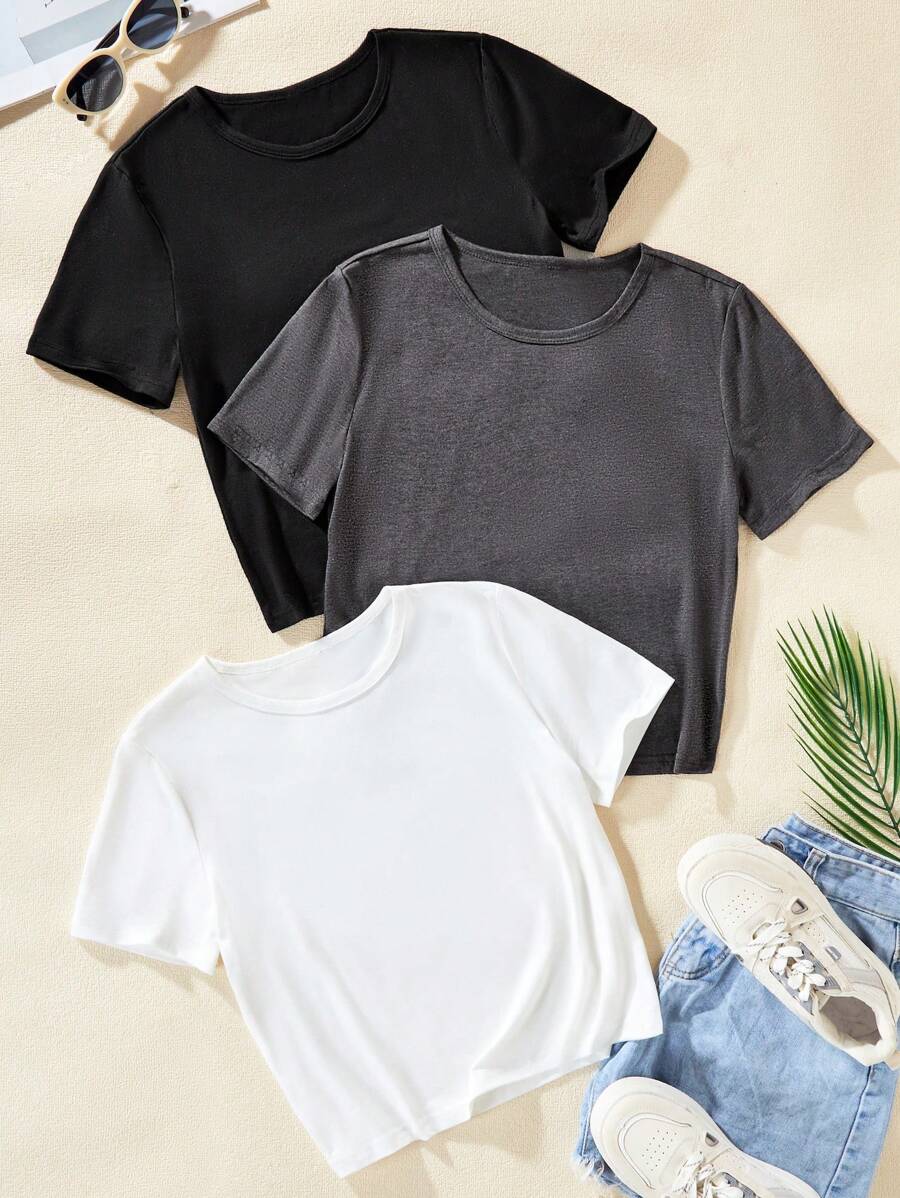 Áo thun ngắn tay dáng casual cho nữ tuổi teen, bộ 3 chiếc, cổ tròn, dễ phối đồ hàng ngày. - Nhiều màu - Xem 1