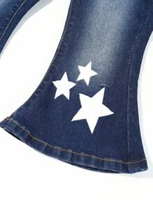 Baby Girls' Flared Denim Pants With Star Print - Medium Wash - View 8