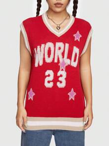 ROMWE Street Life 復古運動風格戶外街頭寬鬆毛衣背心女裝,休閒可愛 - 黑與白 - 查看 2