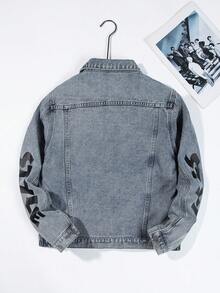 Teen Boy Letter Graphic Ripped Denim Jacket Without Tee - Medium Wash - View 2