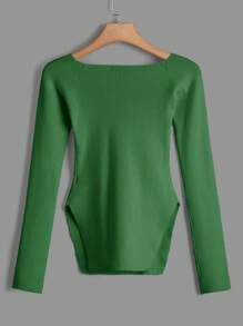 RueChic Slit Hem Ribbed Knit Sweater - Green - View 2