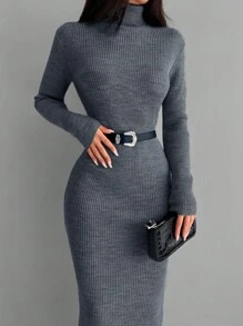 EURMUSE Turtleneck Ribbed Knit Bodycon Jumper Dress Without Belt - Dark Grey - View 4