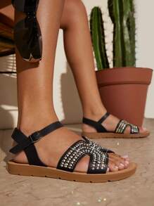 SHUZIA Women's Rhinestone Embellished Flat Sandals