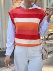 SHEIN Essnce 女士條紋對比色毛衣背心 - 彩色 - 查看 3