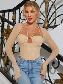 PARTHEA 後綁帶開衩袖褶邊網紗腰封上衣 - 卡其色 - 查看 1