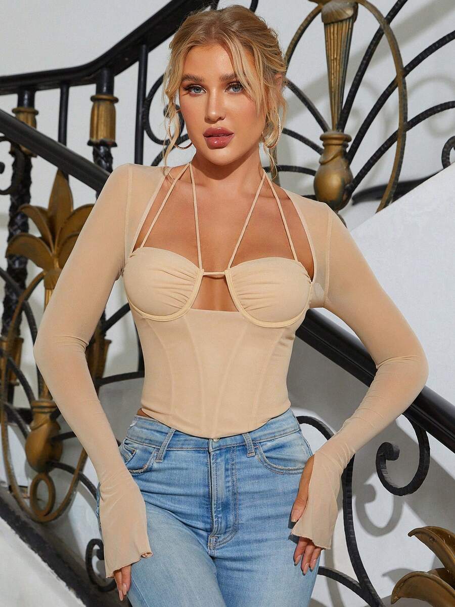 PARTHEA 後綁帶開衩袖褶邊網紗腰封上衣 - 卡其色 - 查看 1