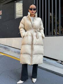 DAZY 抽繩連帽加厚外套附腰帶，冬季女裝，女款校園加厚外套 - 杏色 - 查看 1