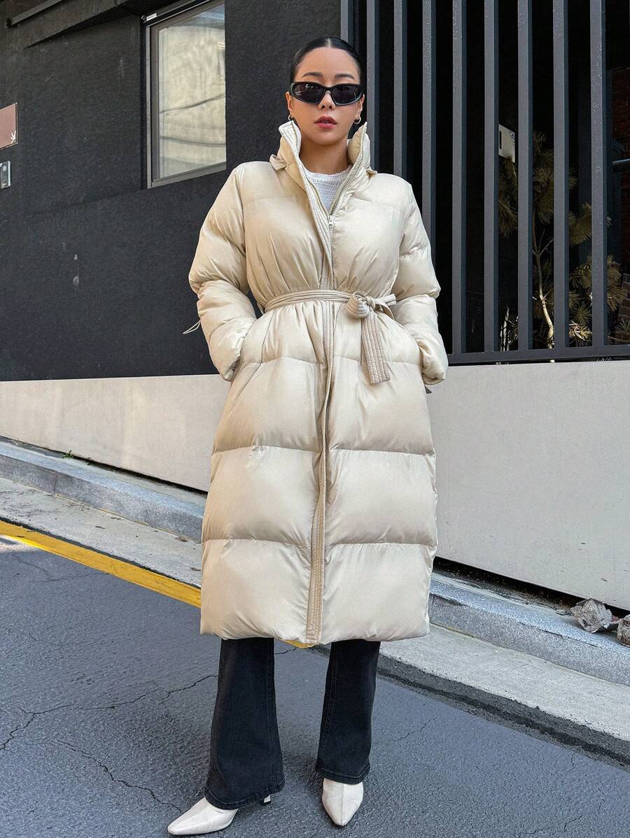 DAZY 抽繩連帽加厚外套附腰帶,冬季女裝,女款校園加厚外套 - 杏色 - 查看 1