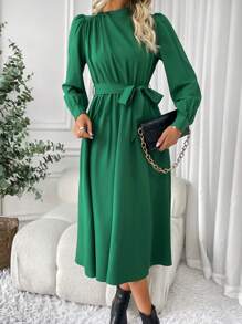 Chiquease Women's Round Neck Puff Sleeve Drop Waist Dress - Green - View 5