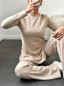 SHEIN Cottnline Mock Neck Split Hem Tee & Flare Leg Pants - Apricot - View 6