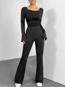 SHEIN Unity 女士圓領喇叭袖連身褲 - 黑色 - 查看 1