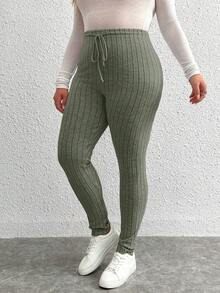 Calvaya Plus Size Skinny Ribbed Drawstring Waist Leggings - Army Green - View 7