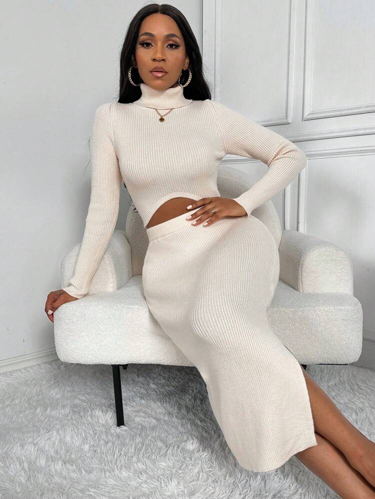 Turtleneck & High Slit Knit Top Set
