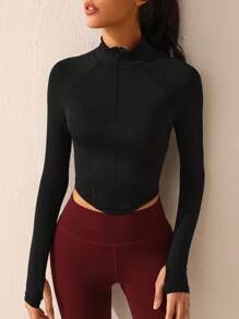 SHEIN Sports Women's Stand Collar Zipper Closure Half Placket Slim Fit Sports Sweatshirt - Black - View 2